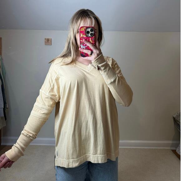 Free People: Varsity Stripe Neutral Yellow Tan VNeck Oversized Sweatshirt - Picture 1 of 7